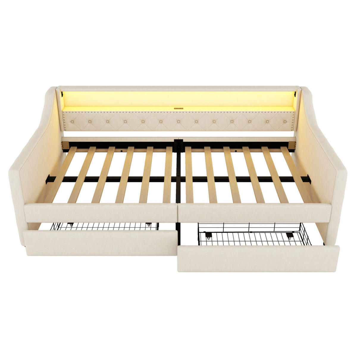 POLSTERBETT 90/200 cm Beige mit LED-Beleuchtung, USB-Anschluss und 2 Schubladen - Beige, Textil (90/200cm) - Flora Grace