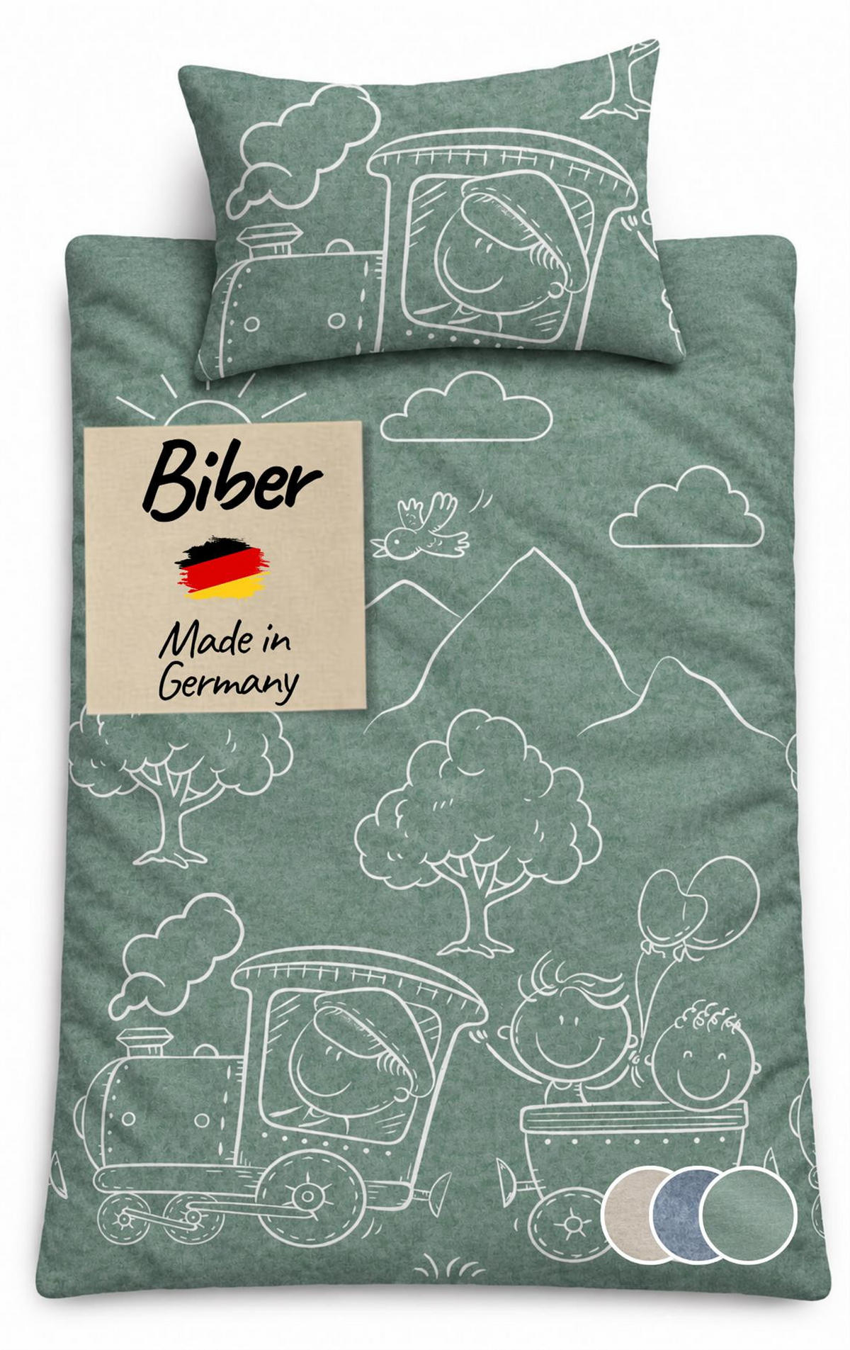 BIBER-BETTWÄSCHE 100x135 Baby - Made in Germany! Flauschig warmer Flanell Kinder Bettbezug aus 100% Baumwolle für Herbst & Winter - Lokomotive Grün - Grün, Textil (100/135cm) - Carpe Sonno