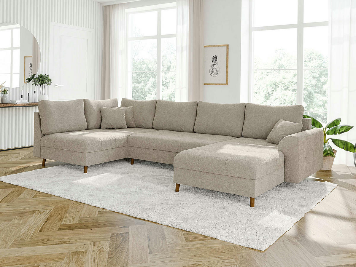 WOHNLANDSCHAFT inkl. Hocker Henrik Beige Boucle - Beige/Braun, Holz/Textil (310/81/161cm) - S-Style Möbel