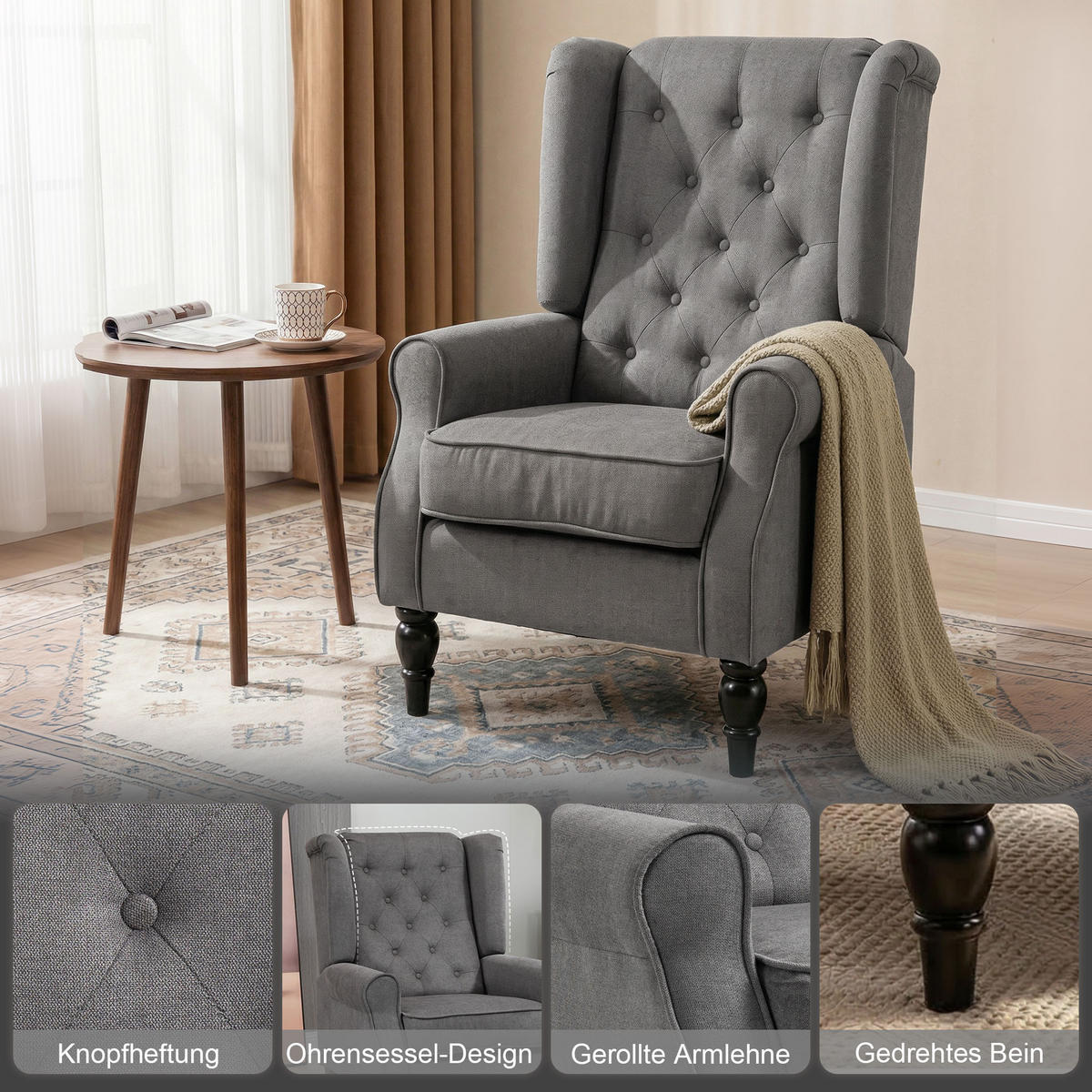 OHRENSESSEL DE-06531 Lesesessel, Akzentsessel, Holzbeine, Knopfheftung Grau + Schwarz - Dunkelgrau, Holz/Textil (86/102/74cm) - ComfortXL