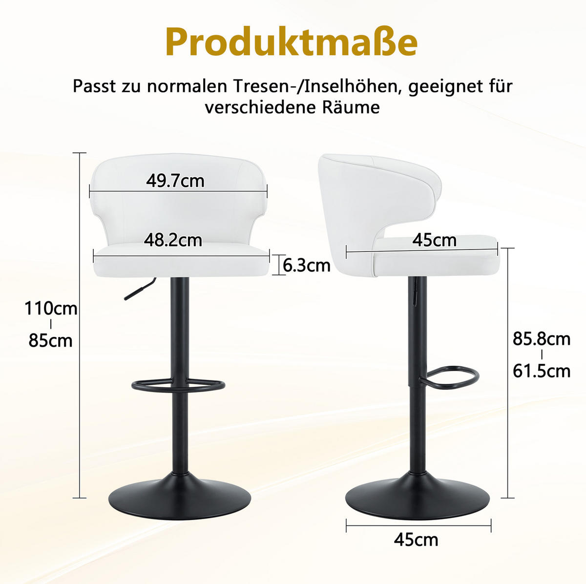 BARHOCKER Höhenverstellbar 360° Drehbar mit Rückenlehne und Fußstütze - Weiß, Kunststoff (45/110/49.7cm) - MIVRAY