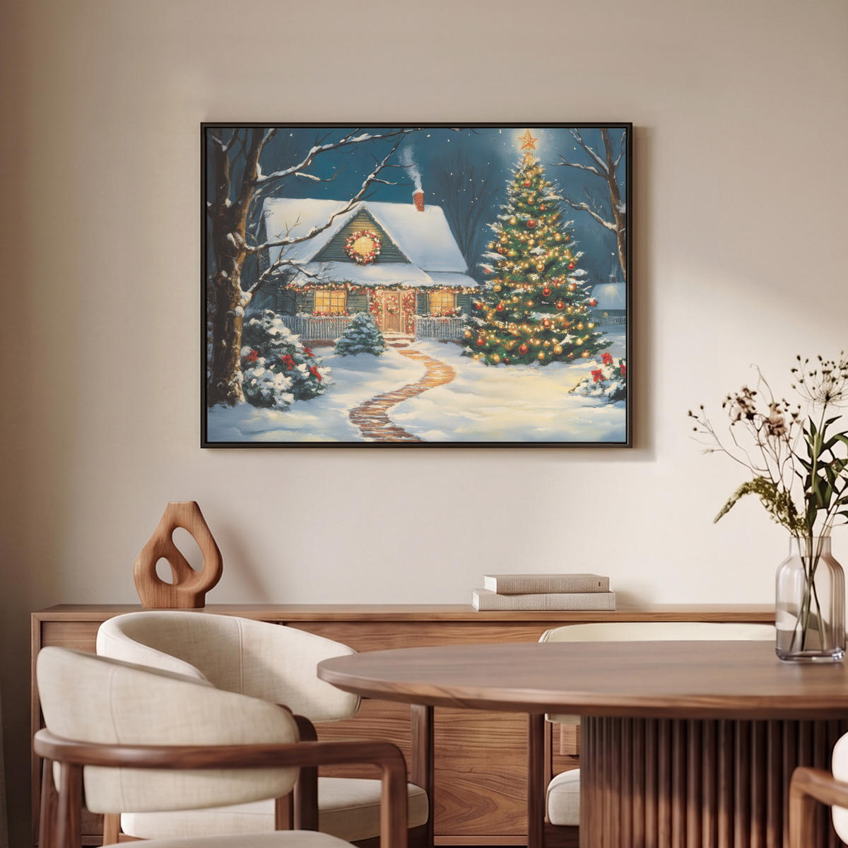 LEINWAND Bilder mit Rahmen - Weihnachten - Weihnachtsbaum - Winter - Zuhause - Schnee - 70x50 - Smaragdgrün, Textil (70/50cm) - MuchoWow