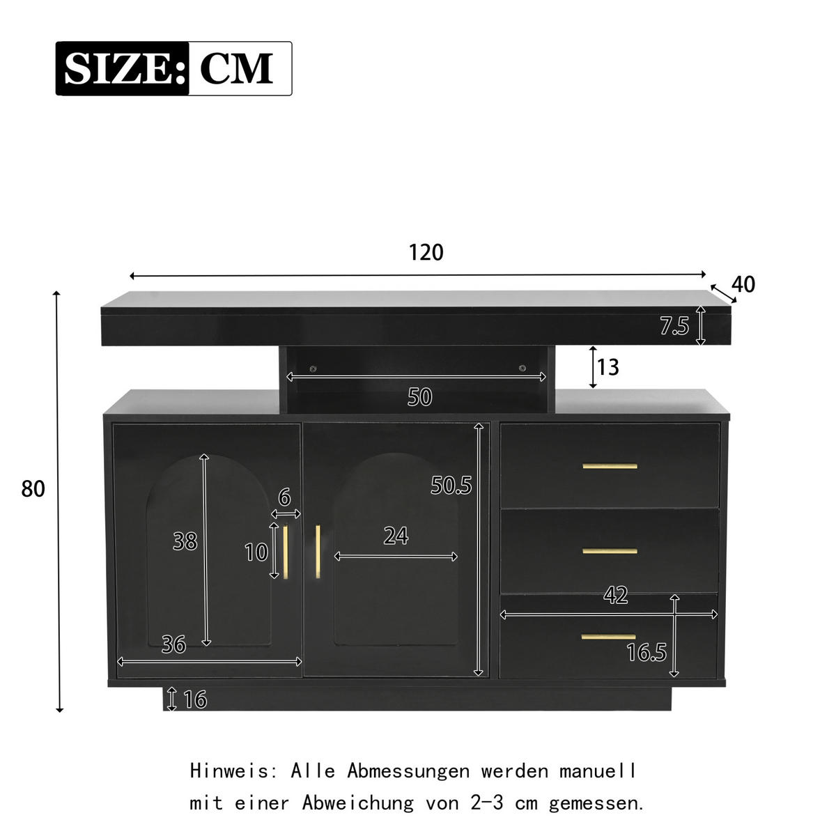 SIDEBOARD 120/40/80 cm aus Spanplatte mit Hochglanzfront und LED-Beleuchtung Schwarz - Schwarz, Holzwerkstoff (120/80/40cm) - Modenvie