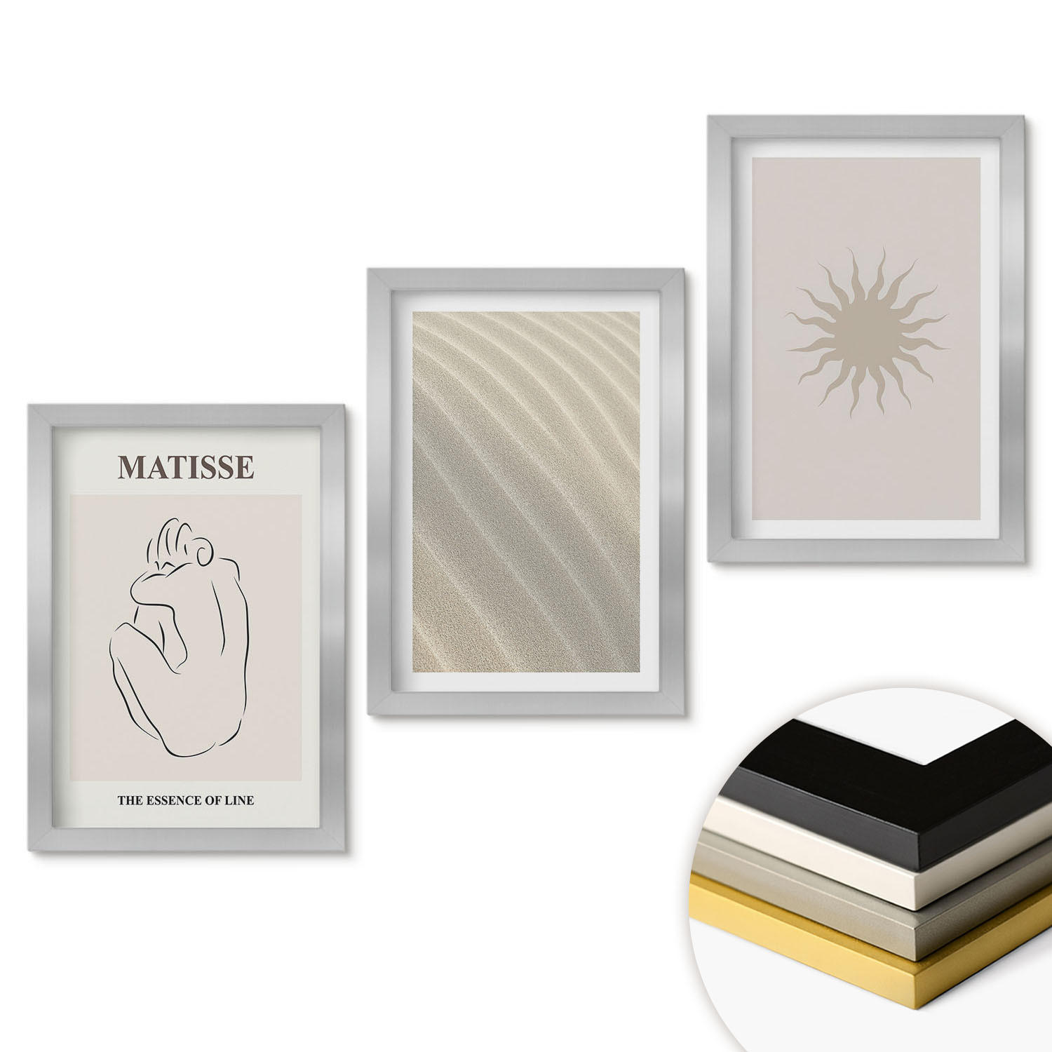 WANDBILDER 3er Set - 20x30 cm Silberner Rahmen - Minimalistische Sandlinien Sonne - Silberfarben, Kunststoff (20/30cm) - ArtPrintCave