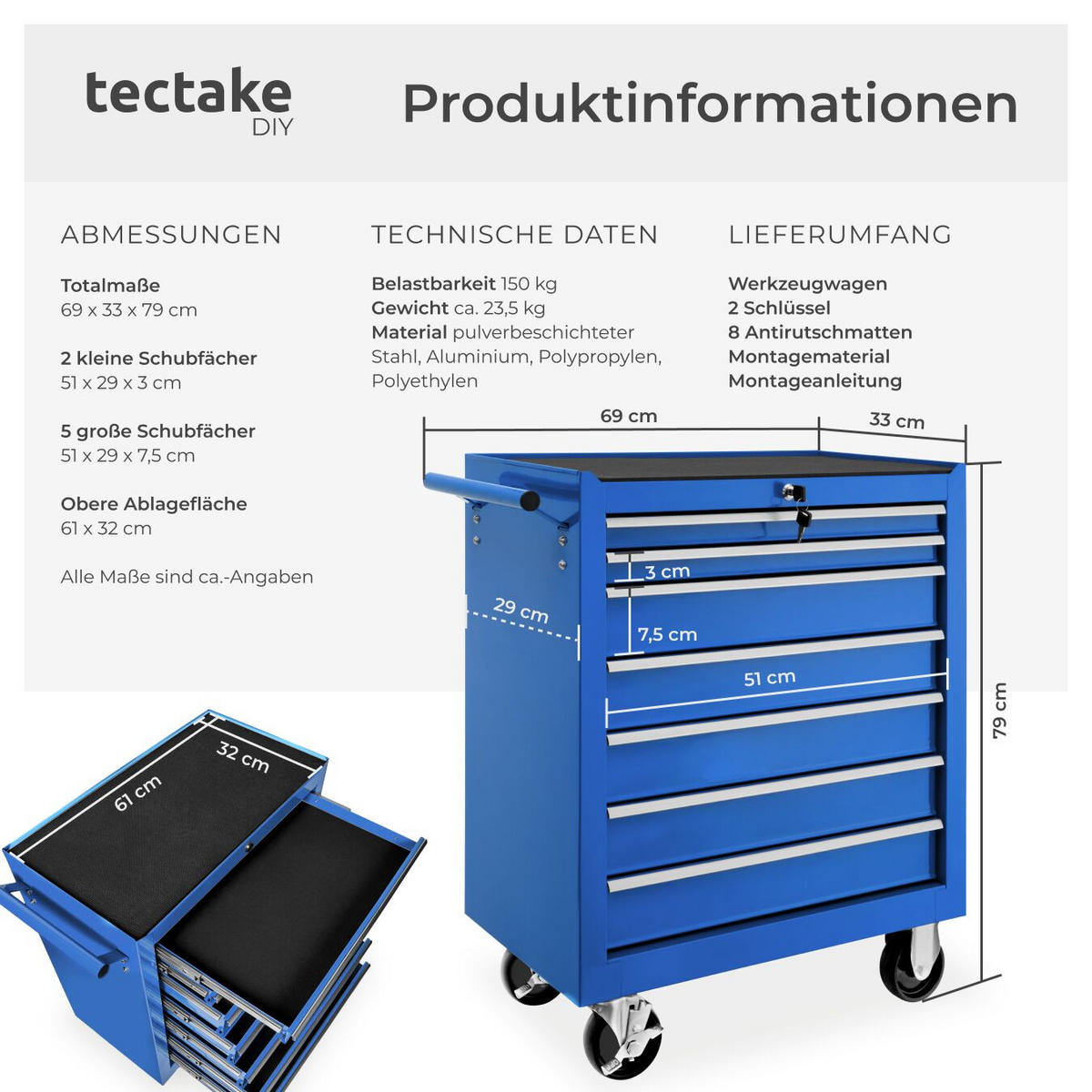 WERKZEUGWAGEN ,Rollen Ø 100 mm,blau - Blau, Metall (33/79/69cm) - tectake