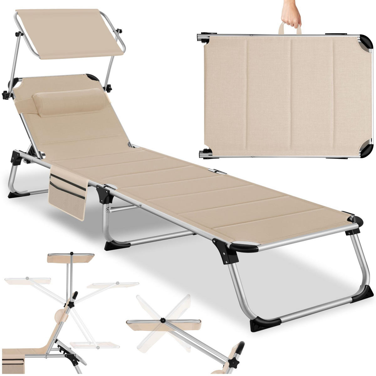 SONNENLIEGE aus Aluminium Lorella, 200 x 60,5 x 34 cm, mit Seitentasche, beige - Beige, Kunststoff (60.5/115/200cm) - tectake