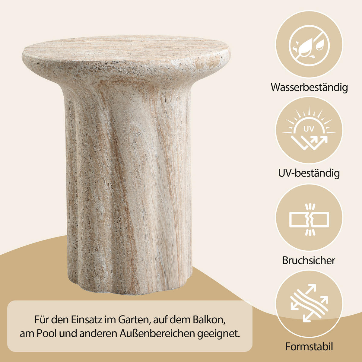 BEISTELLTISCH, MgO, Indoor/Outdoor, Travertinoptik - Beige, Naturmaterialien (40/40/46cm) - FLIEKS