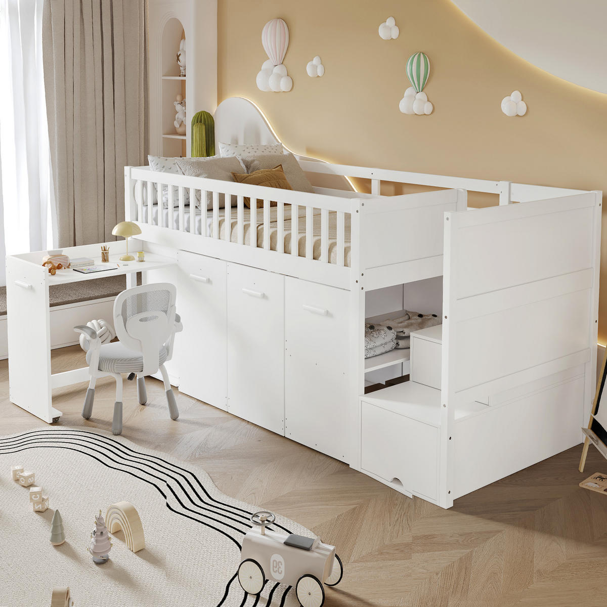 ETAGENBETT 90/200 cm Weiß mit Schreibtisch und viel Stauraum aus Kiefer und MDF - Weiß, Holzwerkstoff (90/200cm) - OKWISH