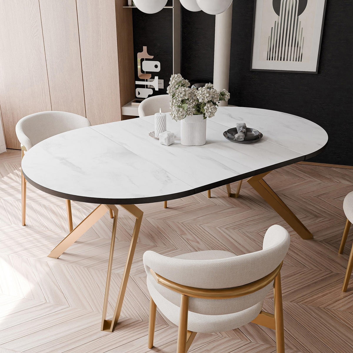 ESSTISCH ausziehbar aus MDF, Weiß - Goldfarben/Weiß, Holzwerkstoff (120/120/76cm) - Idohome