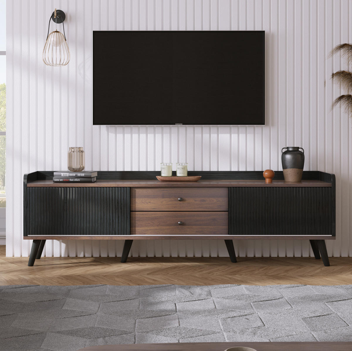 TV-SCHRANK mit zwei Schubladen, Schwarz und Holz 160/40/58 cm - Schwarz, Holzwerkstoff (160/58/40cm) - Redom