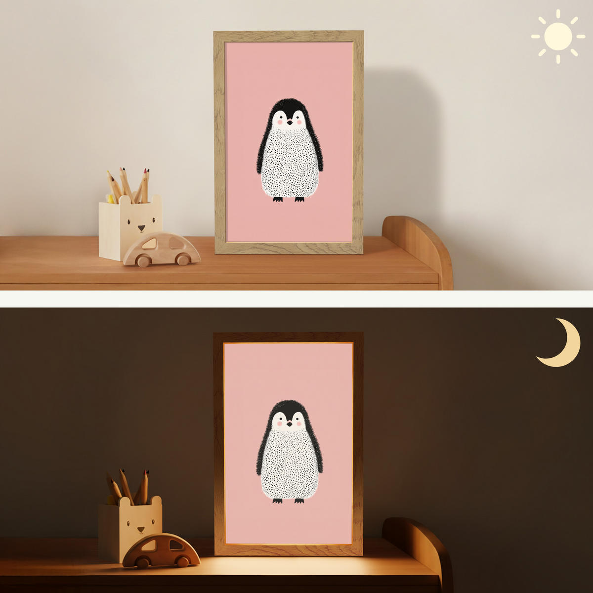 NACHTTISCHLAMPE Pinguin - Punkte - Minimalistisch - Rosa 20x30 cm - Rosa, Holzwerkstoff (8/20/30cm)