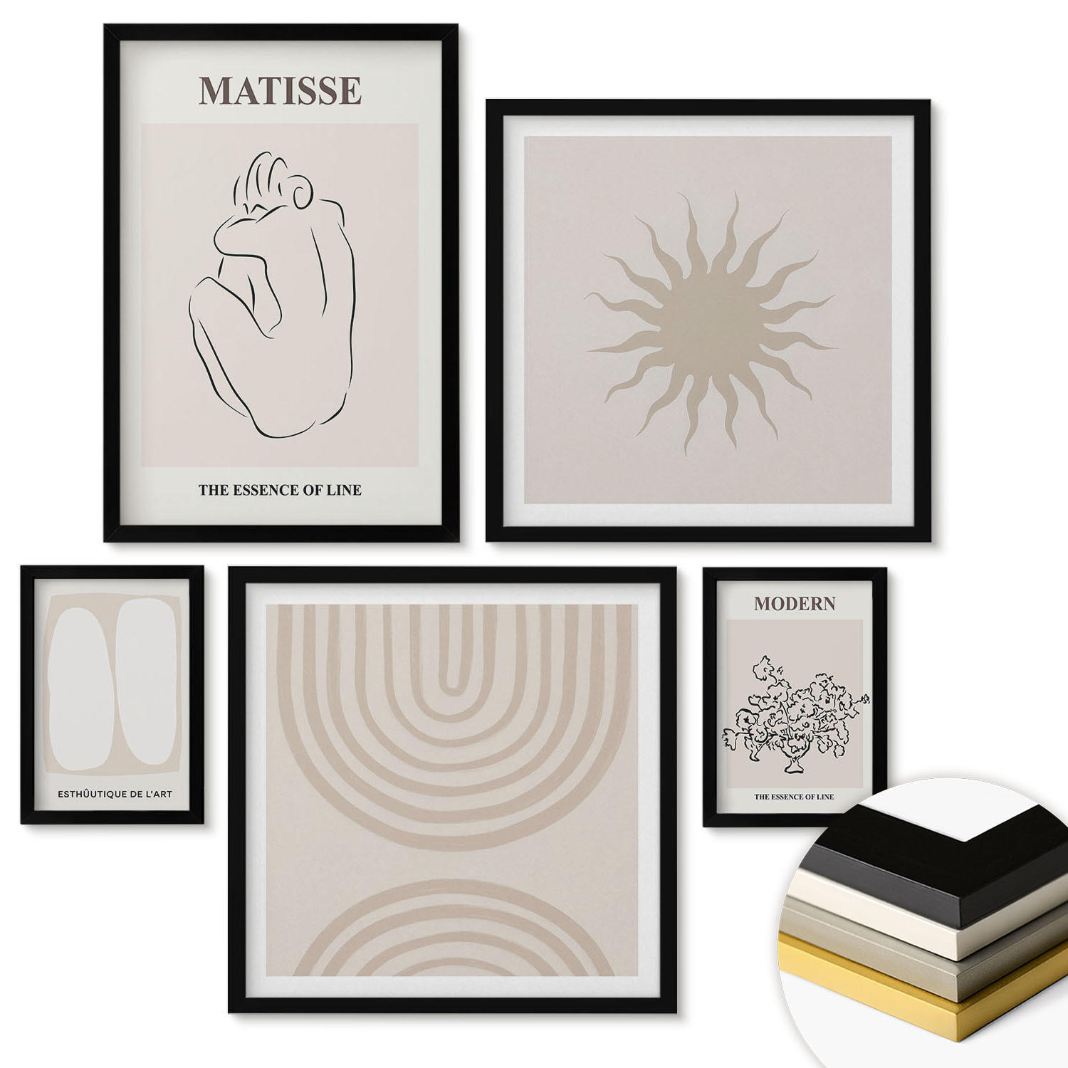 WANDBILDER 5er-Set - 50x50 cm & 20x30 cm & 40x60 cm Schwarzer Rahmen - Stilvolle minimalistische Linien - Schwarz, Kunststoff (40/60cm) - ArtPrintCave
