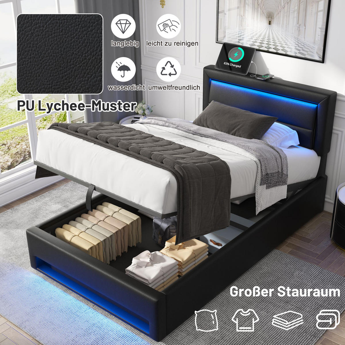 POLSTERBETT 90/190 cm Schwarz aus PU mit LED-Beleuchtung und Stauraum - Schwarz, Kunststoff (90/190cm) - OKMYHOME