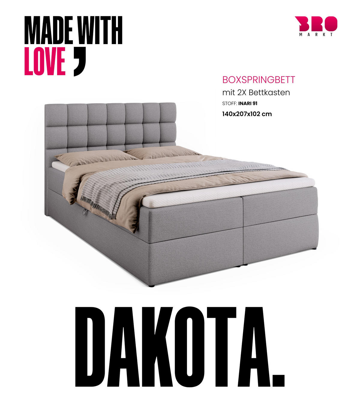 BOXBETT Dakota mit Topper 140/200 Grau - Grau, Textil (140/200cm) - Bromarkt