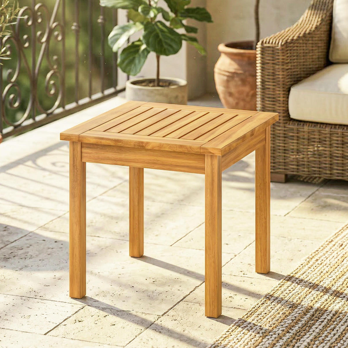 BEISTELLTISCH DE-07336 quadratisch mit Lamellendesign und verstellbaren Füßen Natur - Naturfarben, Holz (48/48/46cm) - ComfortXL