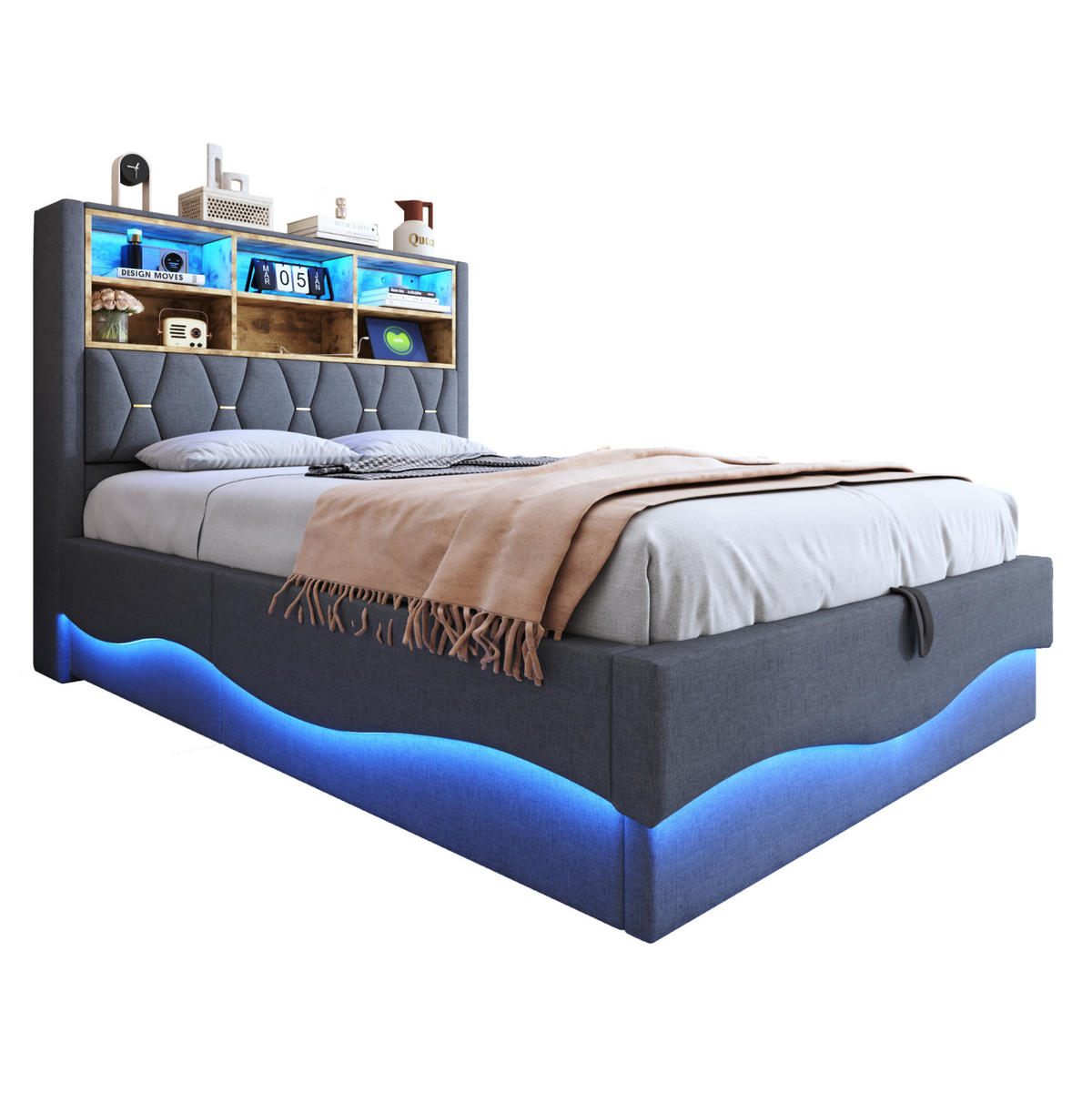 POLSTERBETT 140/200 cm Grau mit Stauraum, LED-Beleuchtung und USB-Anschluss - Grau, Metall (140/200cm) - Flora Grace