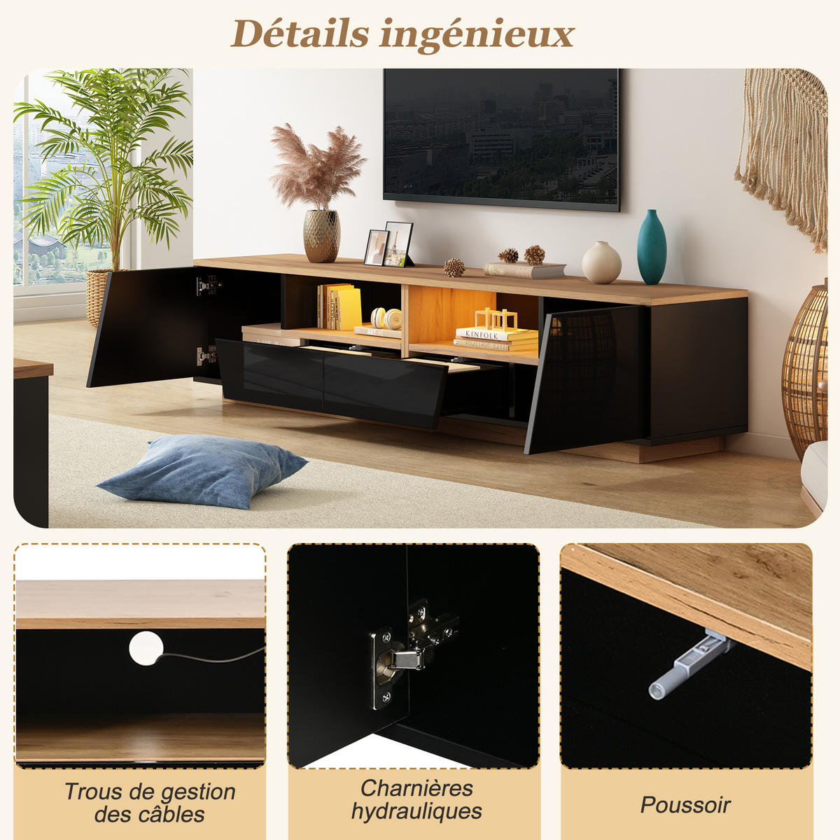TV-ELEMENT180X40X46CM für 75-Zoll-Fernseher LED-Beleuchtung Schwarz-Holz - Schwarz, Holz (47.5/23.98/64.8cm) - Raelunyi