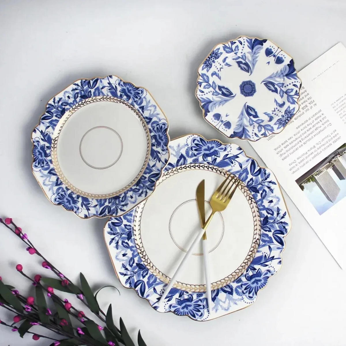 TELLERSET Blumen Goldrand Bone China Weiß Gold 4tlg Ø30 Ø27 Ø20 Ø16 cm - Blau/Goldfarben, Keramik (30/2/2cm) - Quality Elegance