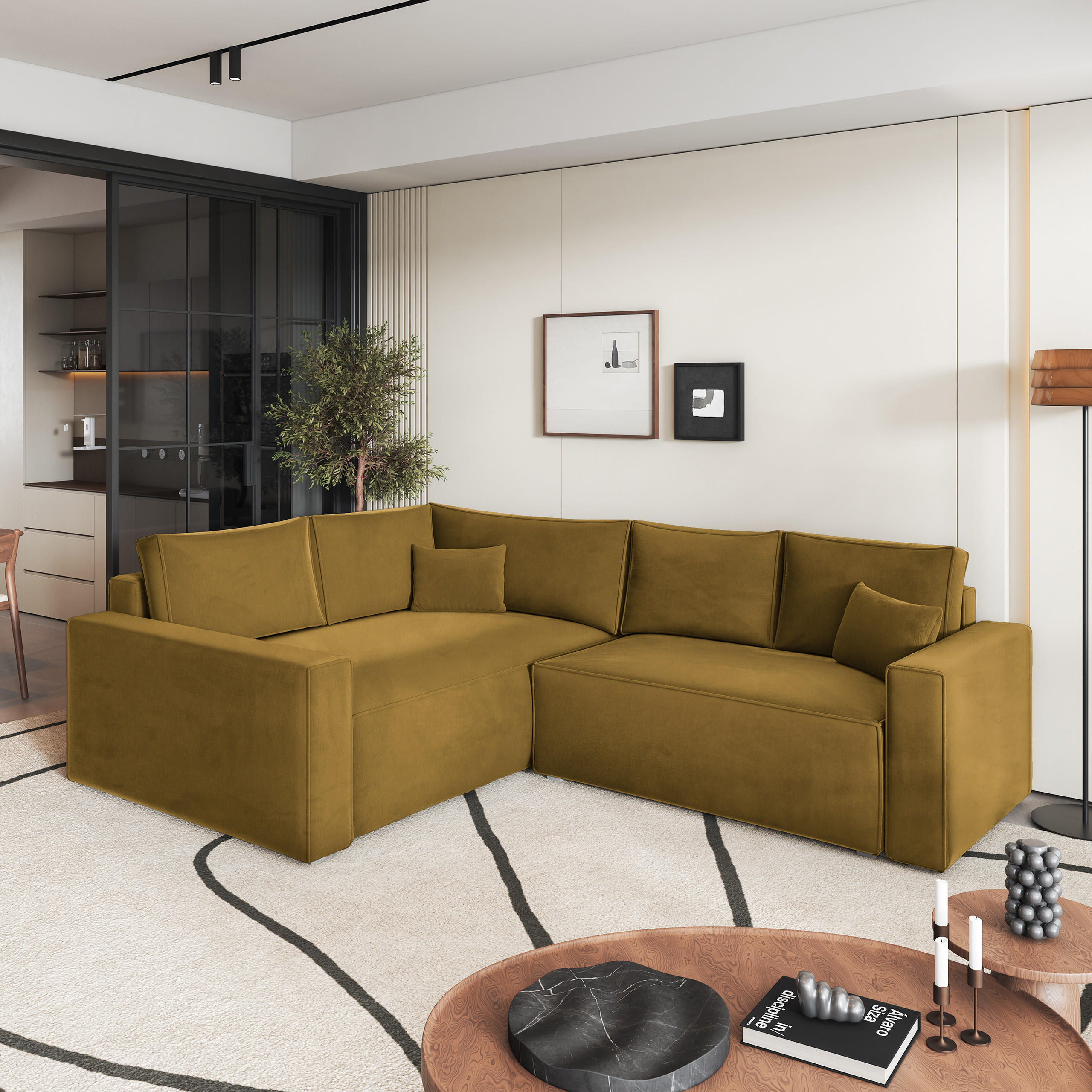 ECKSOFA ERONIS L-S Gelb Velours-Stoff mit Schlaffunktion - Gelb, Holz (265/194cm) - MASSENO