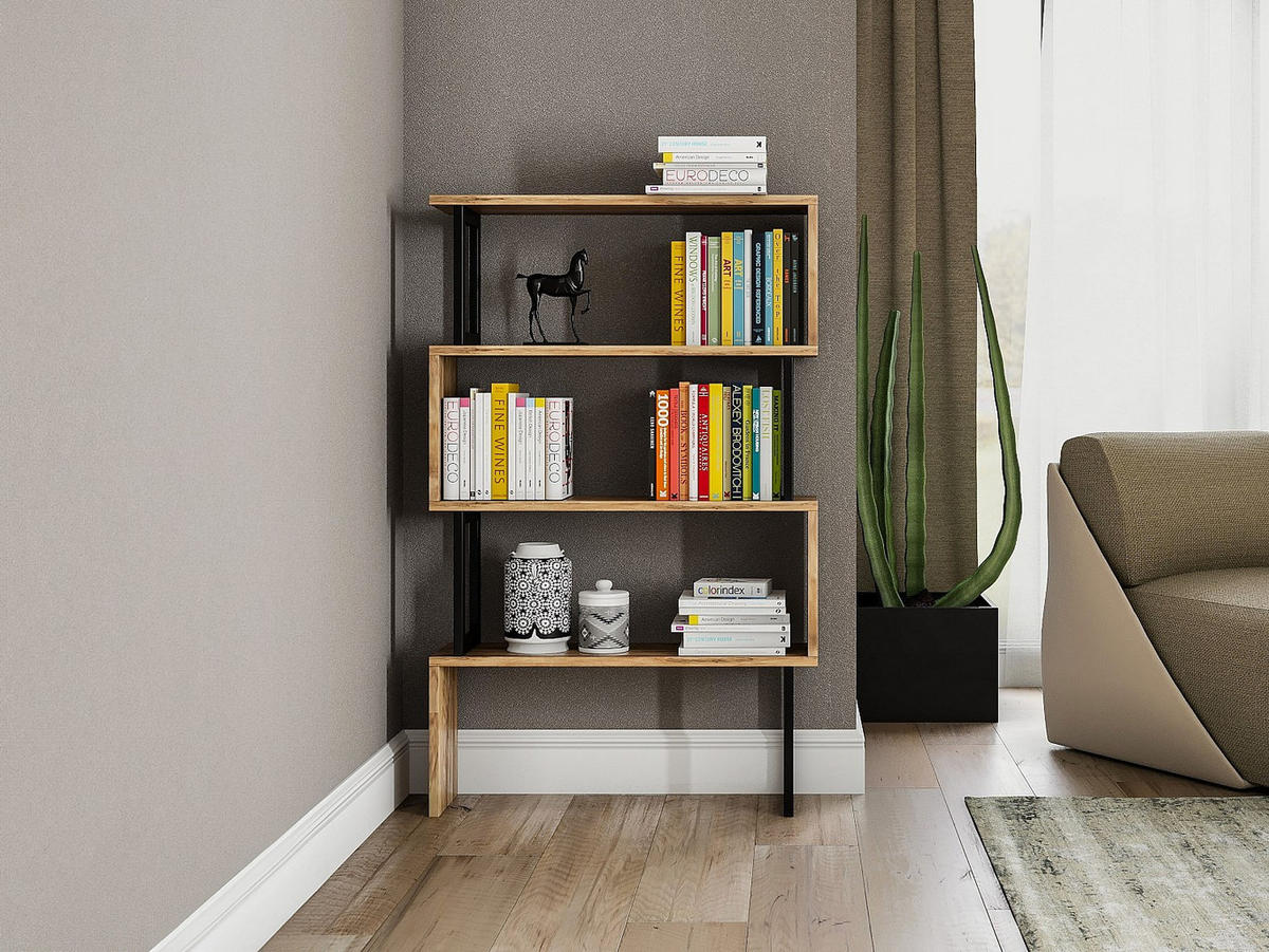 BÜCHERREGAL mit 3 Regalen - Metall - Holzfarben hell & Schwarz - ROVENI - Schwarz, Holz (80/128/22cm) - Vente-Unique