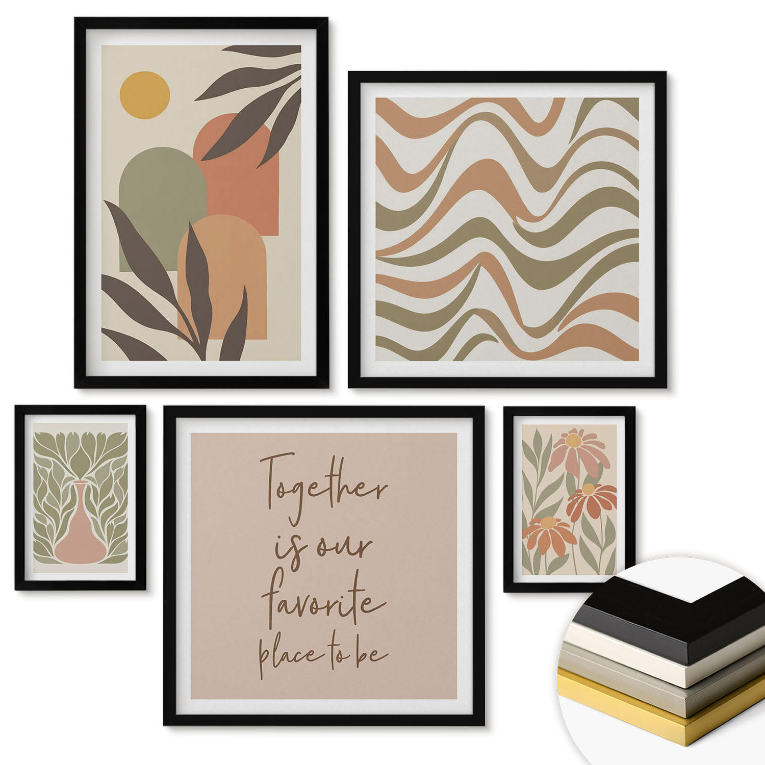 WANDBILDER 5er-Set - 50x50 cm & 20x30 cm & 40x60 cm Schwarzer Rahmen - Abstrakte Pastellblumen - Schwarz, Kunststoff (40/60cm) - ArtPrintCave