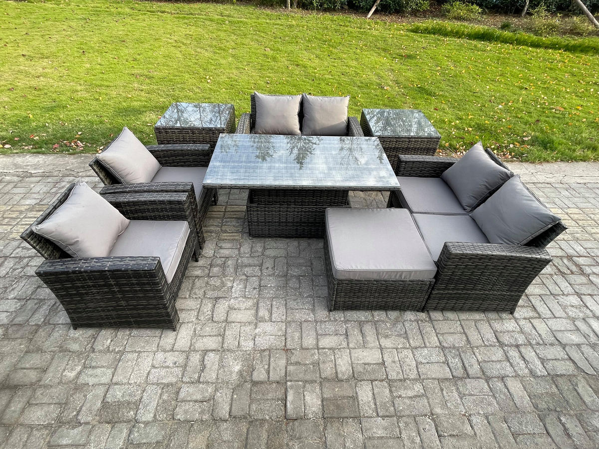 GARTENSOFA mit hoher Rückenlehne Polyrattan Dunkelgrau 8-Sitzer - Dunkelgrau, Metall - Fimous