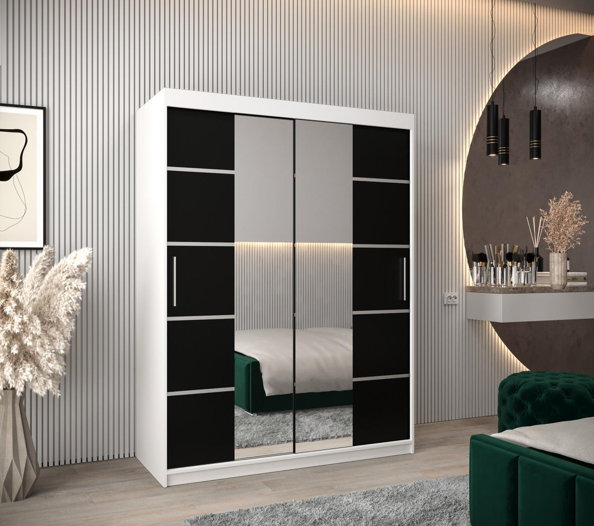 SCHWEBETÜRENSCHRANK 200/150/62 2-türig - Silberfarben/Schwarz, Holz/Kunststoff (150/200/62cm) - Abiks Möbel