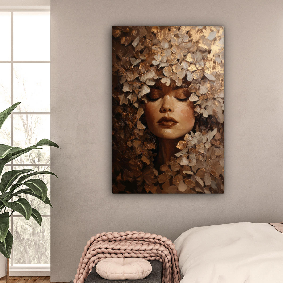 LEINWANDBILD Gesicht - Dame - Blätter - Pinselstriche Deko Groß 90x140 cm - Goldfarben, Textil (90/140cm) - MuchoWow