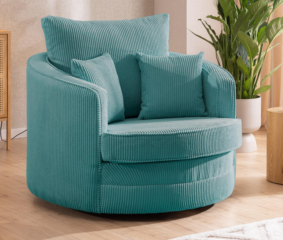 DREHSESSEL Ted aus Türkis Cord-Stoff - Türkis/Schwarz, Holz/Textil (107/94/100cm) - S-Style Möbel