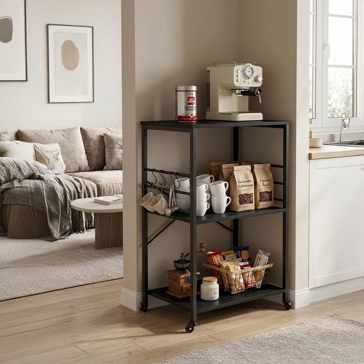 VOZIČEK za postrežbo - črna, kovina/leseni material (60/89/40cm) - Relaxdays