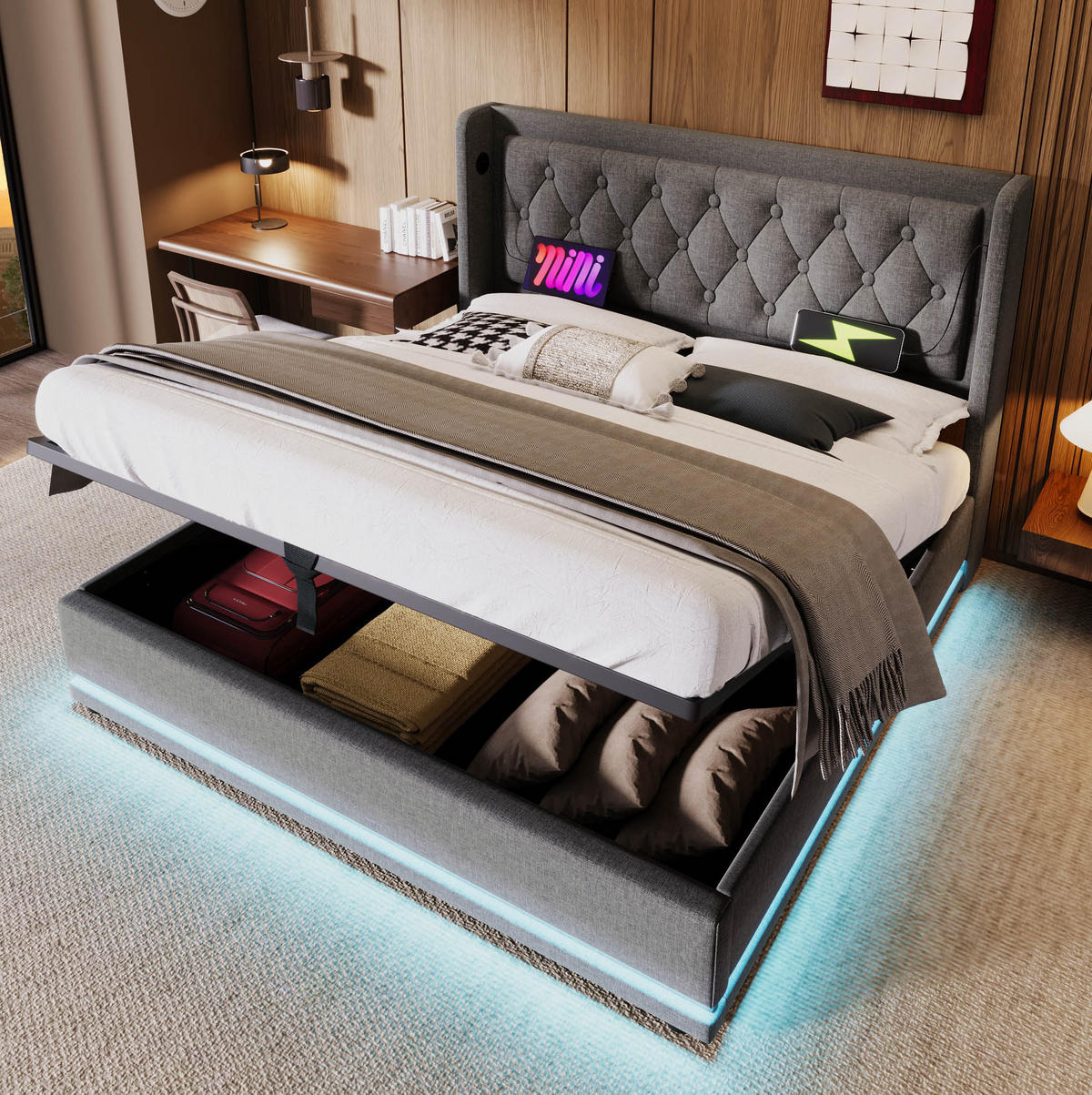 POLSTERBETT 180/200 cm Grau aus Baumwolle mit Bettkasten, USB-C und LED - Grau, Textil (180/200cm) - OKMYHOME