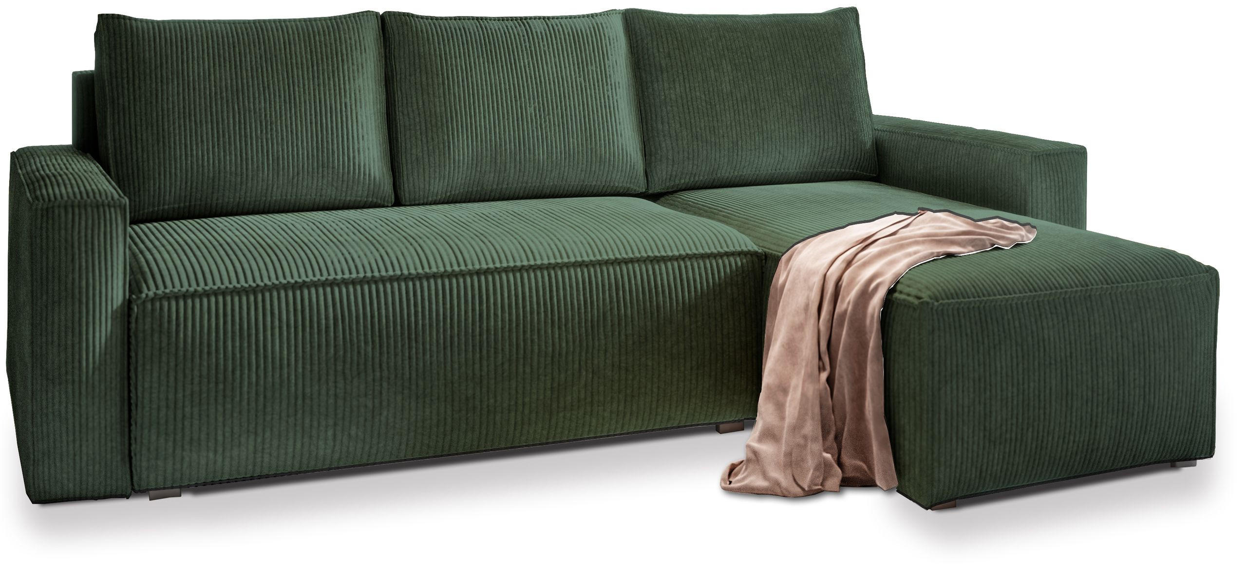 ECKSOFA POTARO Grün Kordstoff mit Schlaffunktion - Grün, Holz (232/140cm) - MASSENO