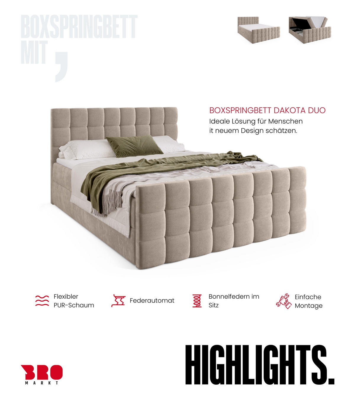 BOXBETT Dakota Duo mit Topper 140/200 Hellbeige - Creme, Holz/Textil (140/200cm) - Bromarkt