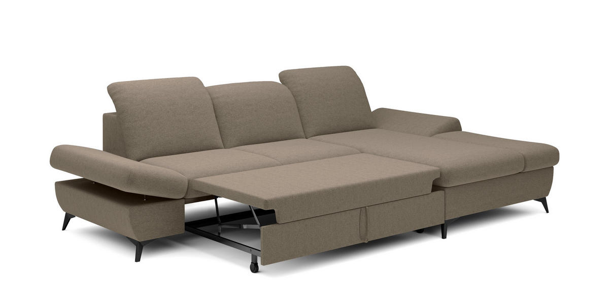 ECKSOFA FELICE R-S Beige Geflochtener Stoff mit Schlaffunktion - Beige, Holz (284/166cm) - MASSENO