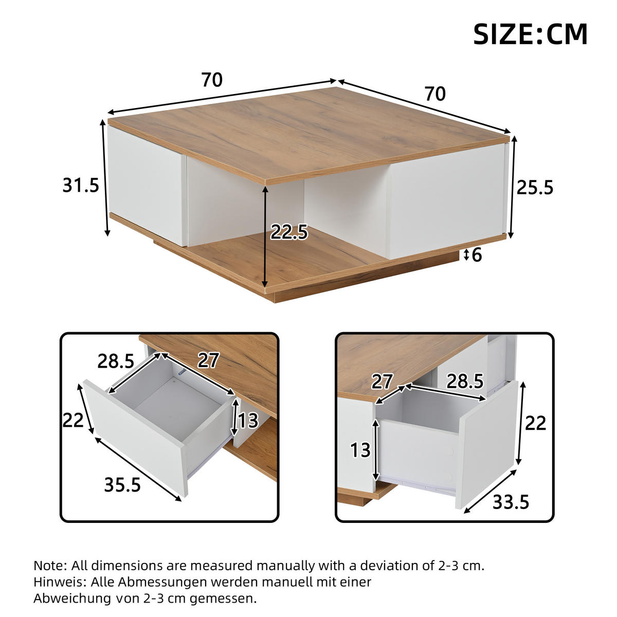 COUCHTISCH Weiß/Holzfarbe - Weiß, Holzwerkstoff (70/70/31.5cm)