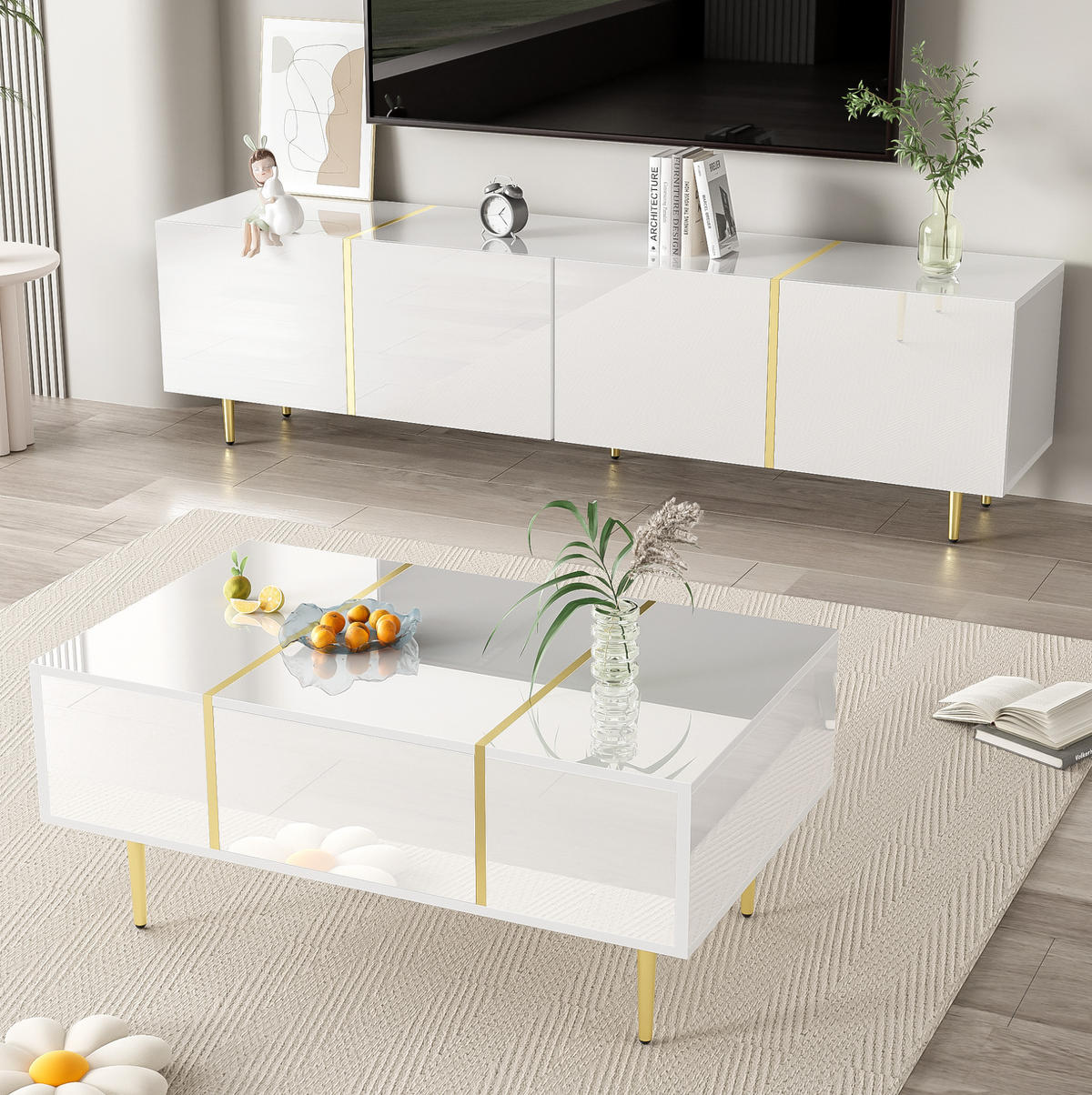 TV-SCHRANK- und Couchtisch-Set 170/35/46 cm und 100/60/41,5 cm mit Stauraum und Soft-Close-Scharnieren, Weiß - Weiß, Holzwerkstoff (170/46/35cm) - Redom