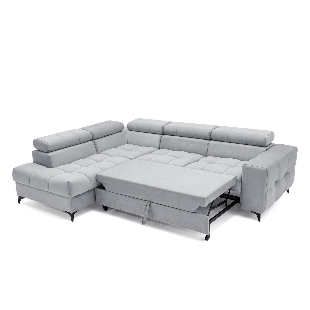 ECKSOFA PUDDING L Links mit Schlaffunktion 125x195 Velours Hellgrau - Hellgrau/Schwarz, Holz/Textil (203/275cm) - Muffo