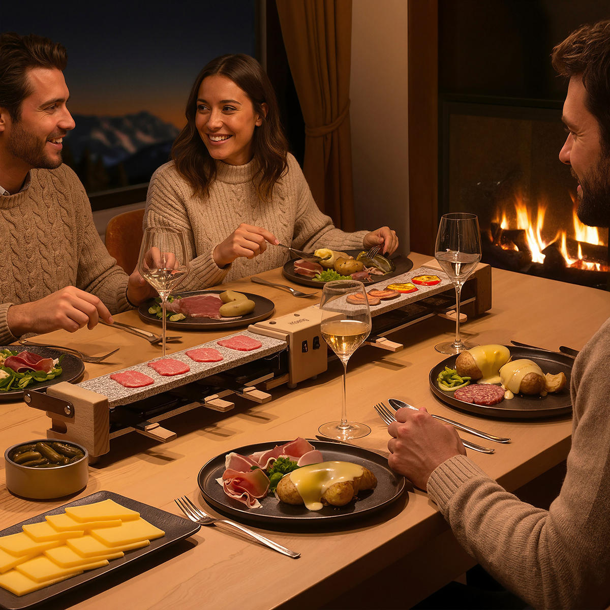 RACLETTE-GERÄT WOD362, Grau, Holzausführung, Doppelsteinpalette, 8 Pfannen und 8 Pfannenwender aus Holz - Zirbelkieferfarben, Holz (22/13/54.8cm) - HKoenig