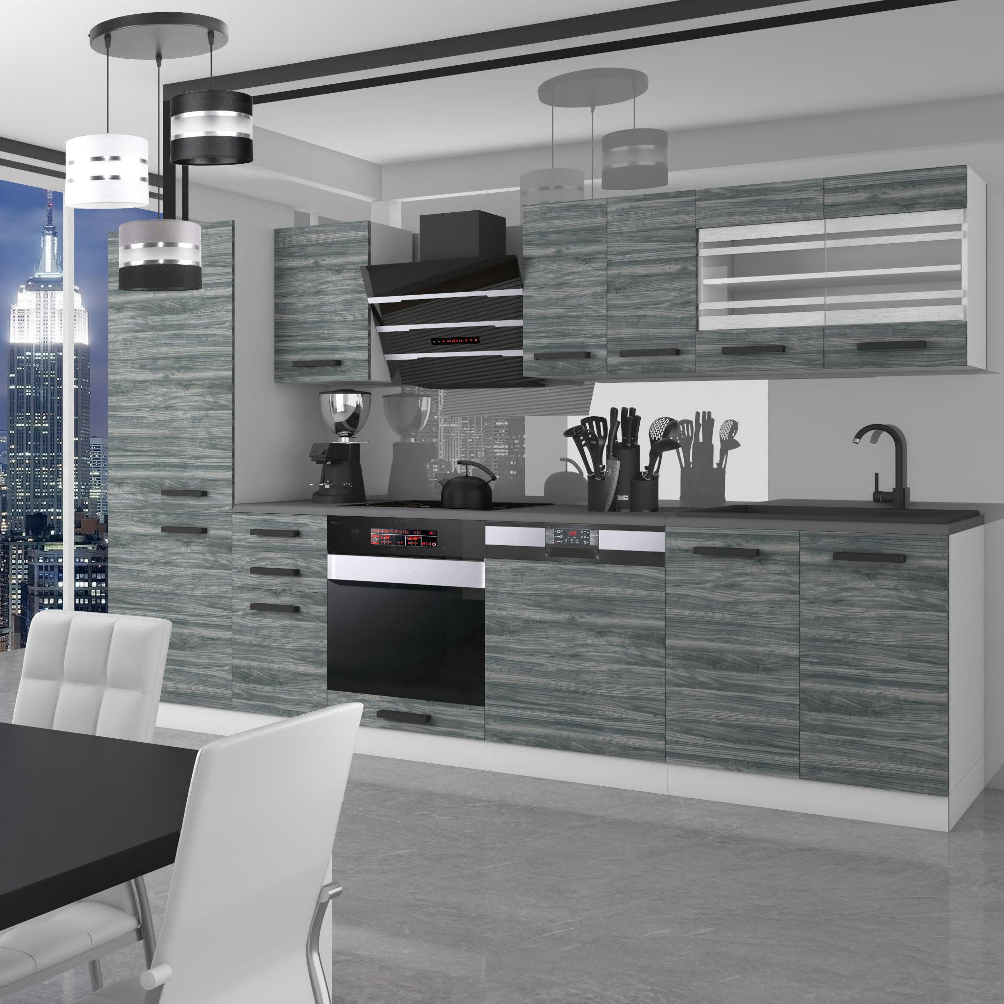 KÜCHENZEILE Cindy 300 cm, ohne Arbeitsplatten, Glamour Wood - Grau, Holz (300/204/60cm) - B BELINI GROUP