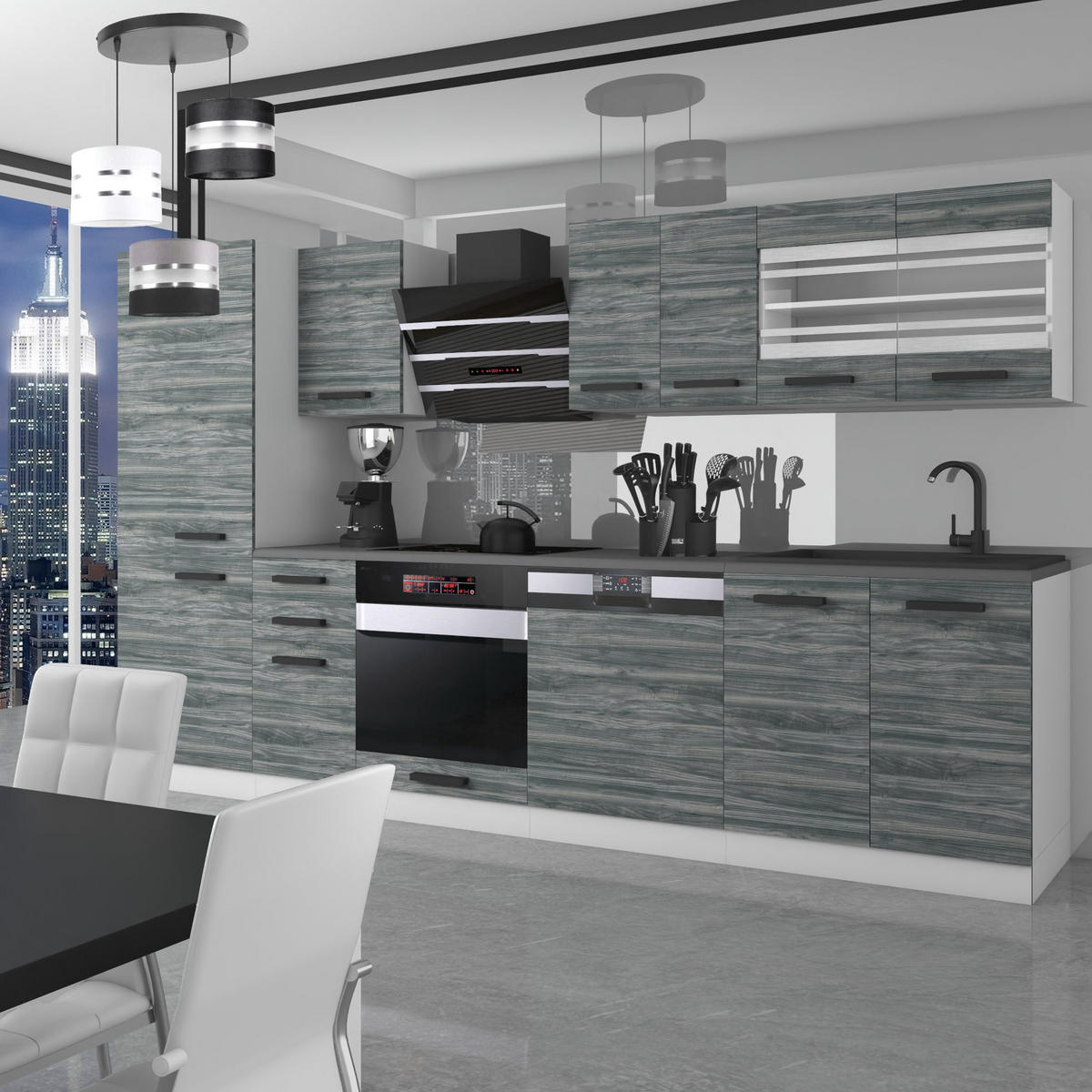 KÜCHENZEILE Cindy 300 cm, mit Arbeitsplatten, Glamour Wood - Grau, Holz (300/204/60cm) - B BELINI GROUP