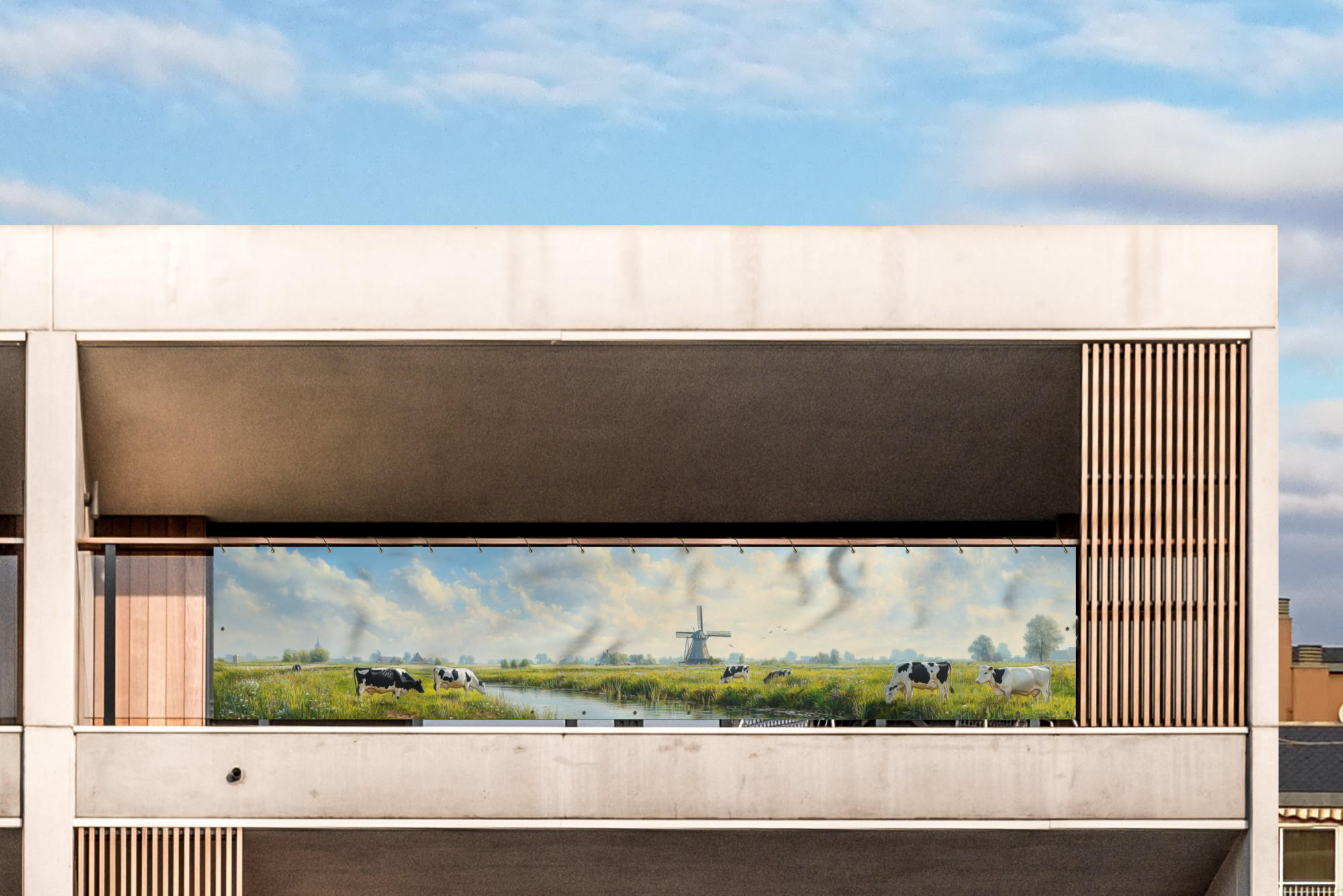 BALKON-SICHTSCHUTZ Kühe - Windmühle - Wiese - Blau - Grün, Kunststoff (500/110cm) - MuchoWow
