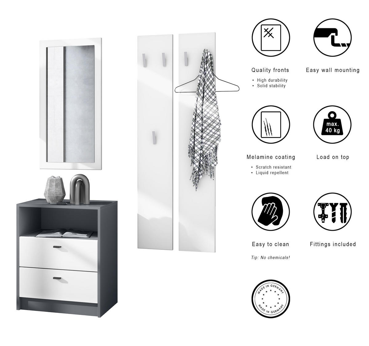 GARDEROBE Pino Weiß matt - Weiß, Holzwerkstoff (130/185/36cm) - Vladon