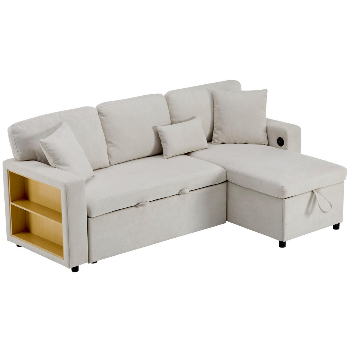 ECKSOFA L-Form Schlafcouch mit Stauraum und USB-Anschluss Samt Beige 214/131/87 cm - Beige, Textil (214/131cm) - OKWISH