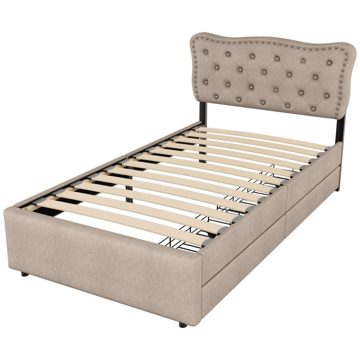 POLSTERBETT 90/200 cm dunkelbeige mit Schubladen und dekorativen Nieten - Beige, Textil (90/200cm) - OKWISH