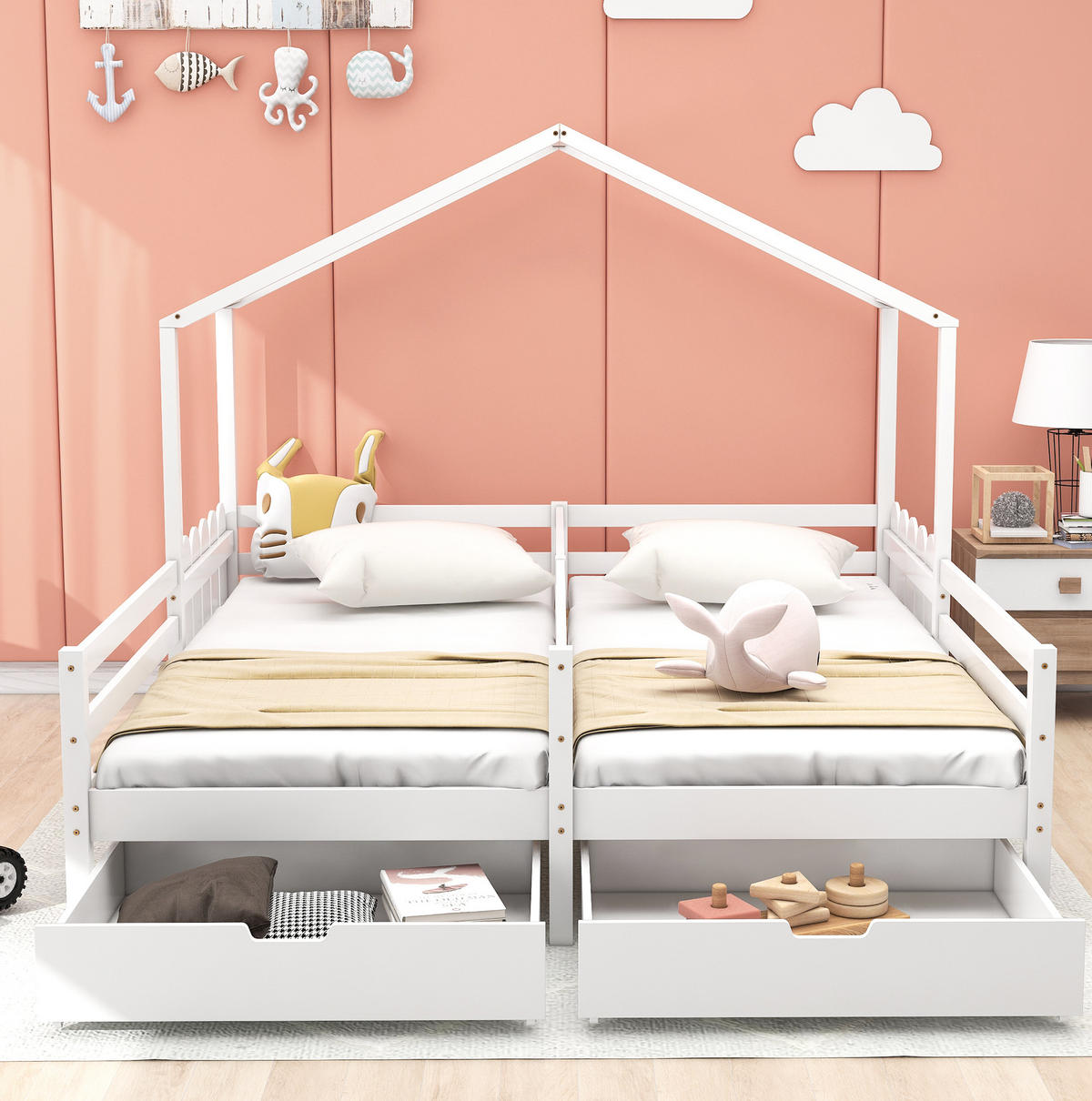 KINDERHAUSBETT aus Kiefer und MDF 200x90 cm Weiß mit 2 Schubladen und Schutzgitter - Weiß, Holzwerkstoff (90/200cm) - IVMEU