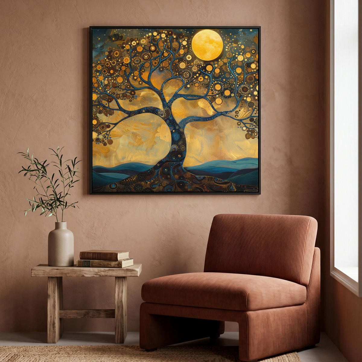 LEINWAND Bilder mit Rahmen - Baum - Mond - Blumen - Gold - Kunst - 90x90 - Orange, Textil (90/90cm) - MuchoWow