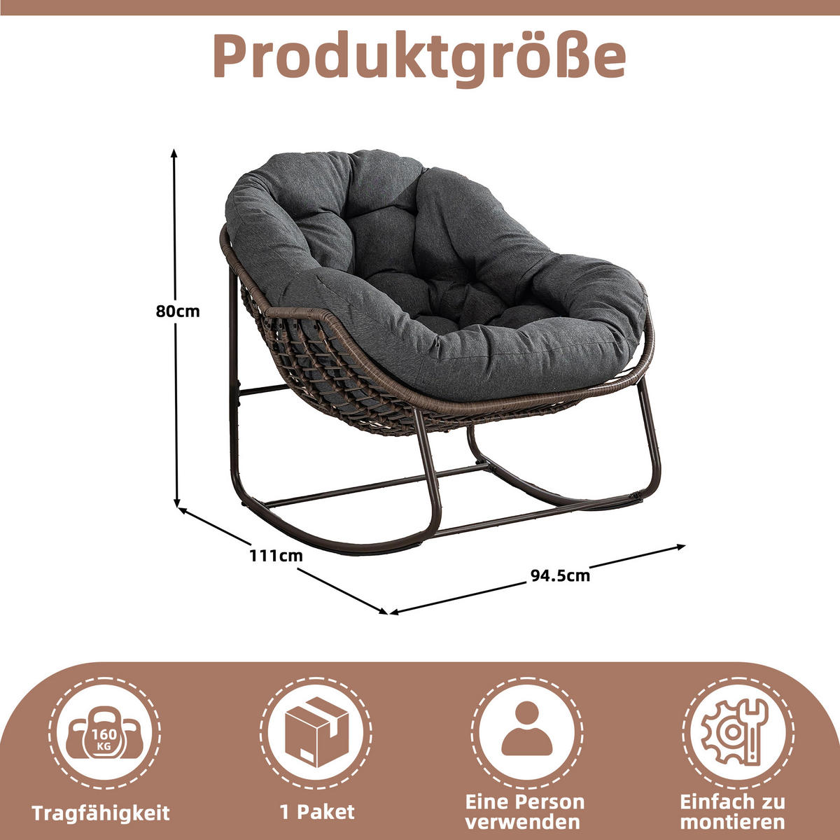 SCHAUKELSTUHL Schaukelsessel Garten,Rattanstuhl mit Stahlrahmen,Grau-Polyester - Graubraun, Metall (94.5/80/111cm) - LVHOM