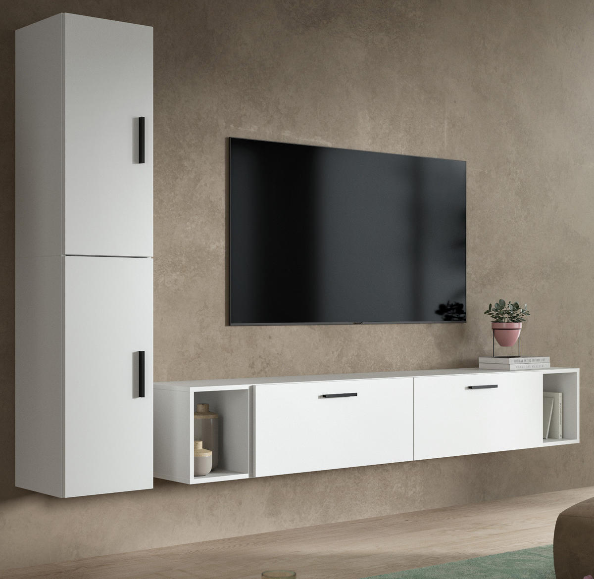 WOHNWAND weiß 249 x 184 cm, Wohnkombination hängend / stehend - Schwarz/Weiß, Holzwerkstoff/Kunststoff (249/184/34cm) - Inn.Furn