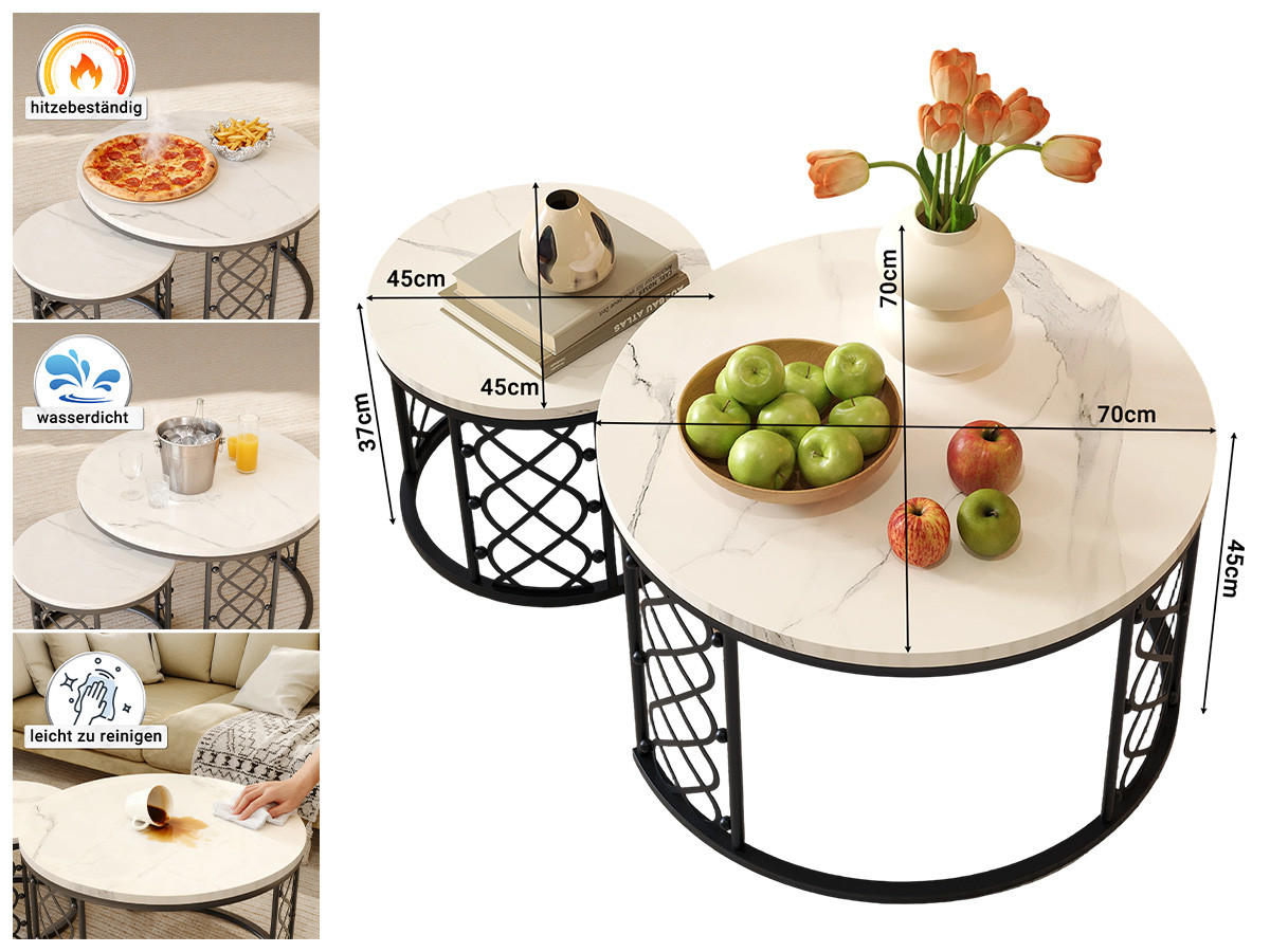 COUCHTISCH 2er Set 70/70/45 cm in Weiß und Schwarz aus MDF mit Metallgestell - Schwarz/Weiß, Holzwerkstoff/Metall (70/70/45cm) - CHICFURN