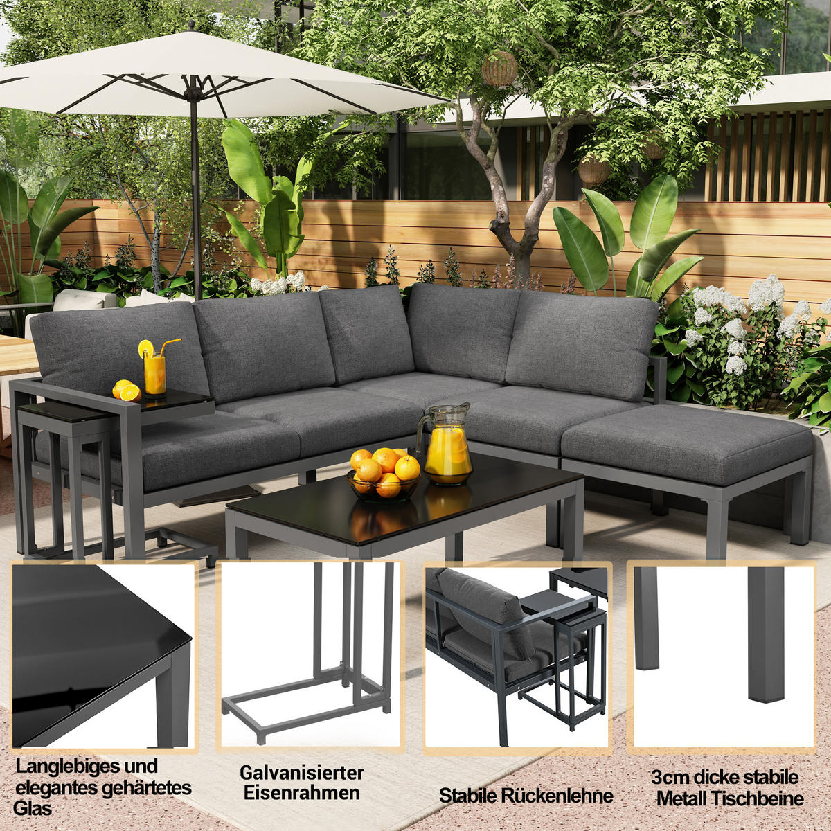 LOUNGESET 5er Grau Eck Mit Beistelltisch & Couchtisch - Grau, Metall - FLIEKS